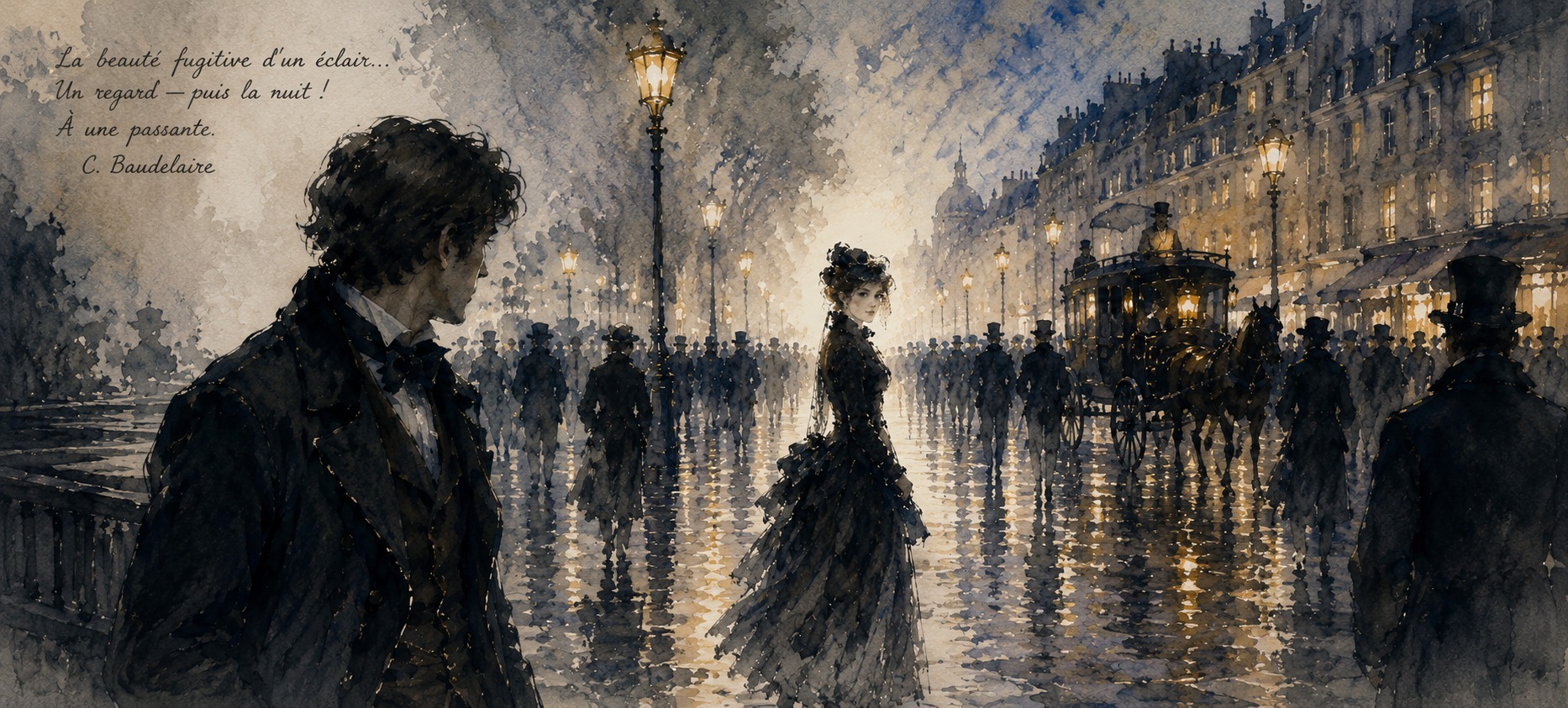 À une passante — Charles Baudelaire, illustration aquarelle Paris nocturne