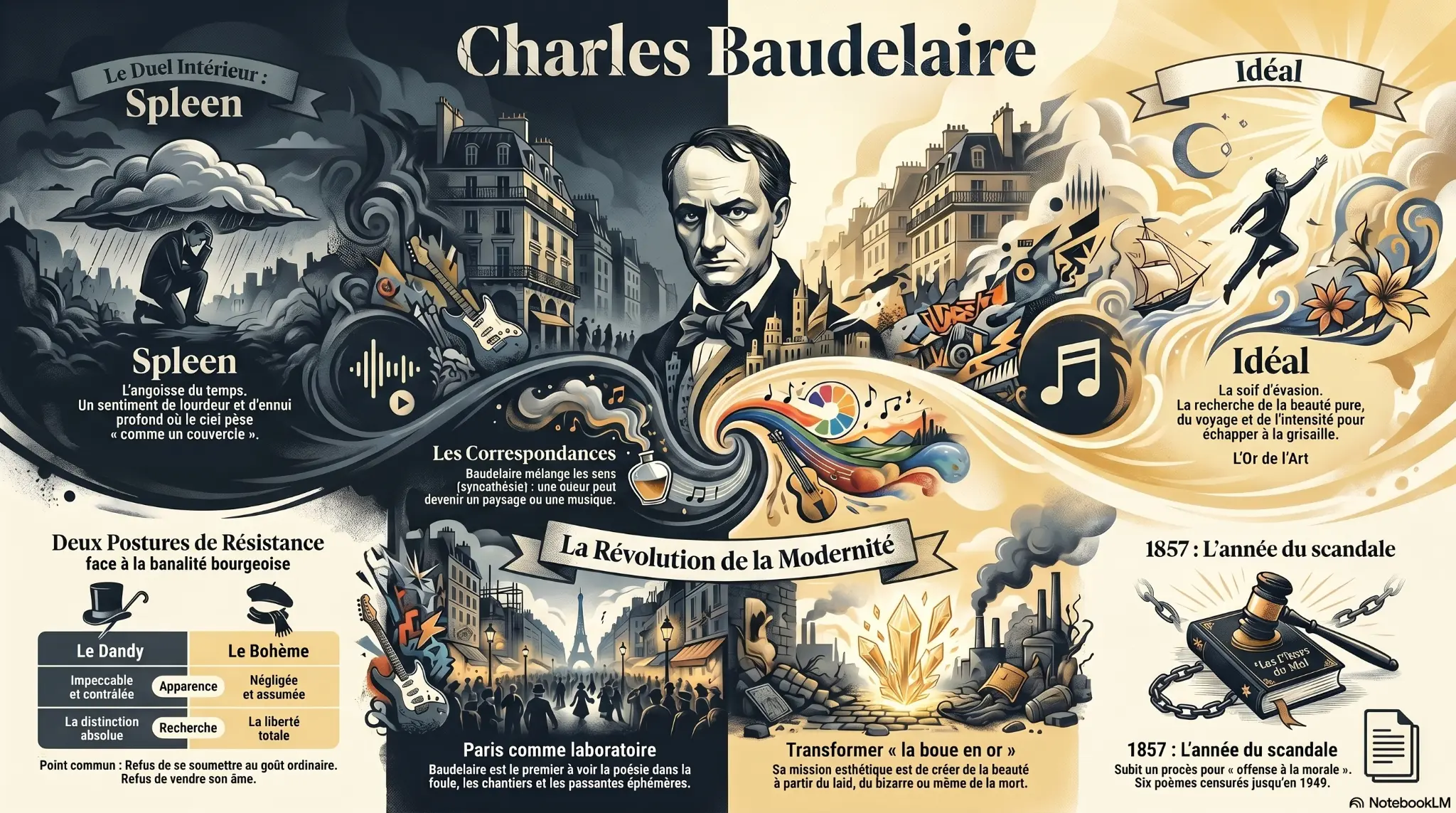 Infographie Charles Baudelaire — Spleen et Idéal, modernité, correspondances